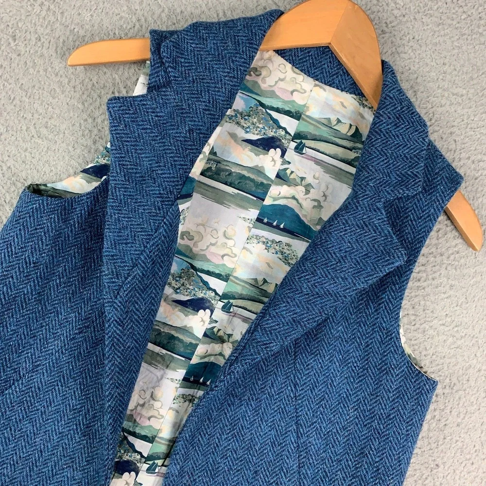 Harris Tweed Vest Waistcoat Women's 4 Blue Herringbone Open Front Handwoven Wool - Picture 3 of 8